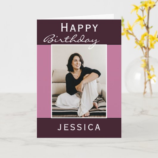 Einfaches Lila Happy Birthday Foto Karte (Gelbe Blume)