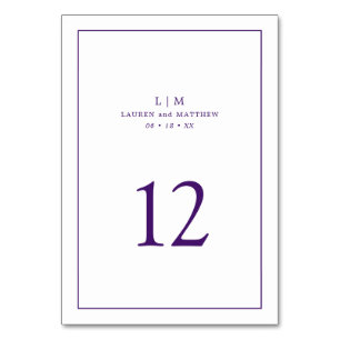 Einfaches lila Monogramm Elegante Hochzeit Tischnummer