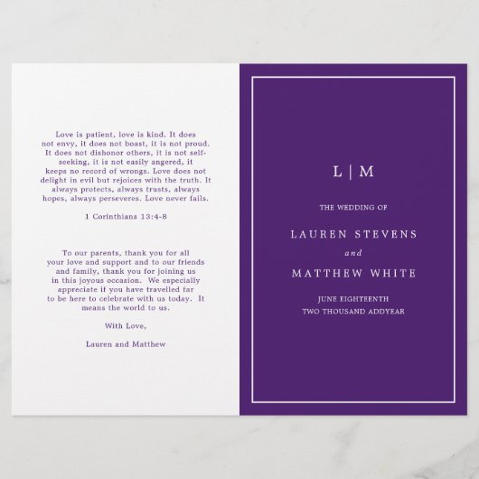 Einfaches Lila Monogramm-Hochzeitsprogramm (Vorderseite)