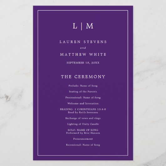 Einfaches Lila Monogramm-Hochzeitsprogramm (Vorderseite)