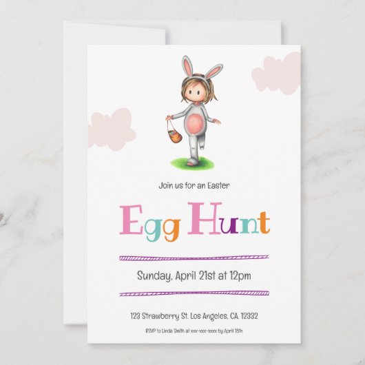 Einfaches Mädchen mit Bunny Costume Ostereier Hunt Einladung (Vorderseite)