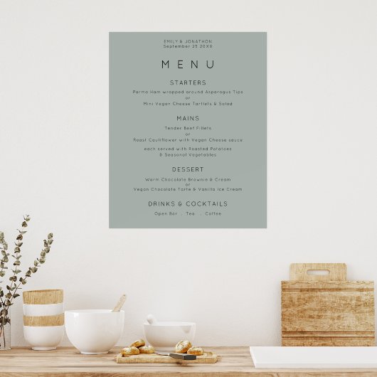 Einfaches Menü auf Silvery Sage Green Wedding Poster (Küche)