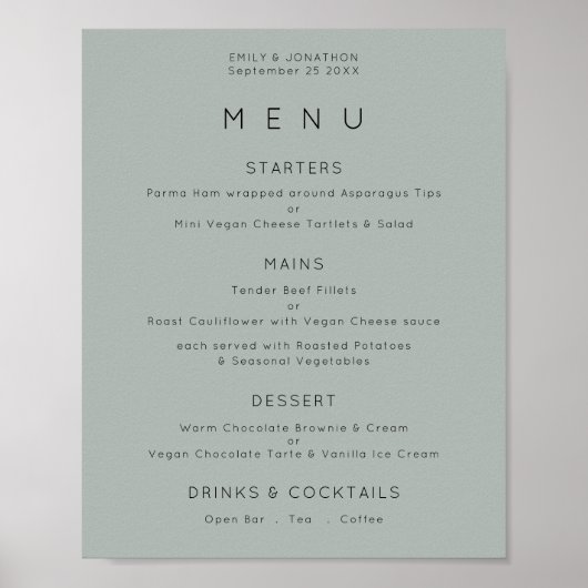 Einfaches Menü auf Silvery Sage Green Wedding Poster (Vorne)