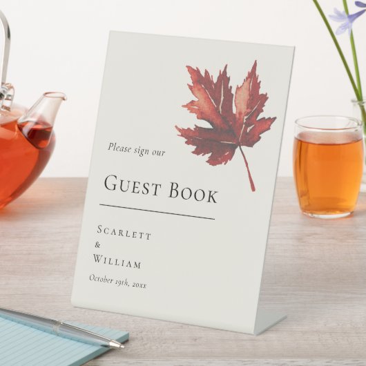 Einfaches Minimal Fall Leaf Cream Wedding Gästebuc Sockelschild (In Situ)
