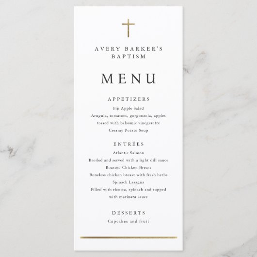 Einfaches Minimal Gold Cross Taufen Menü Programm (Vorderseite)