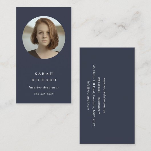 Einfaches Minimal Navy Blue Beruflich Custom Foto Visitenkarte (Vorne/Hinten)