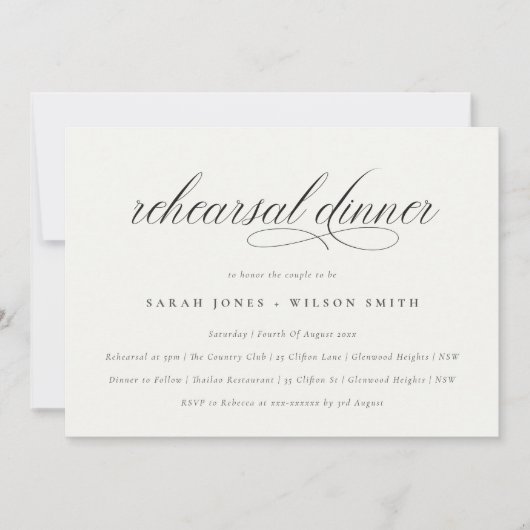 Einfaches Minimal Script Schwarz-weiß Probe Dinner Einladung (Vorderseite)