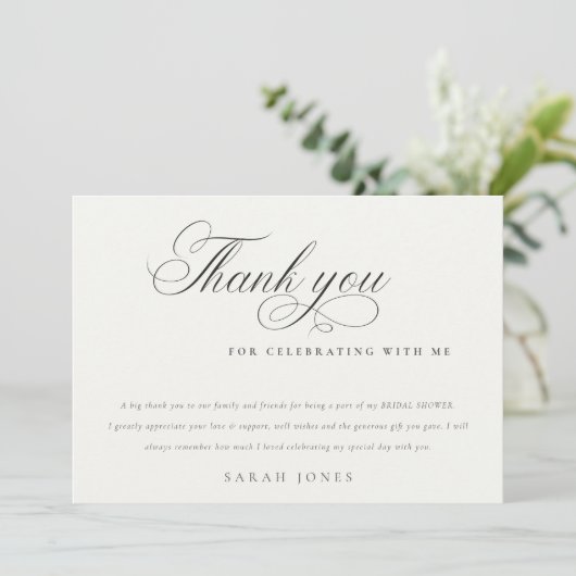 Einfaches Minimal-Script-Schwarz-weißes Brautparty Dankeskarte (Stehend Vorderseite)