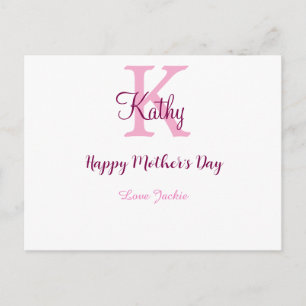 einfaches minimales Muttertags-Monogramm rosa Name Feiertagspostkarte