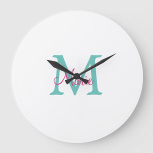 einfaches minimales Namen-Monogramm grün pink blau Große Wanduhr