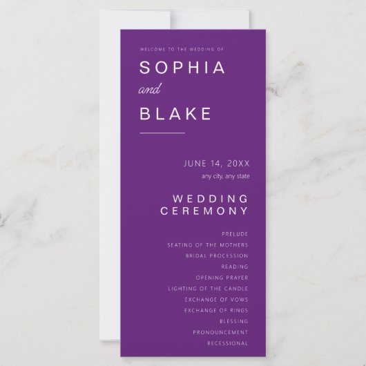 Einfaches Minimalistisch Dark Lila Hochzeitsprogra (Vorderseite)