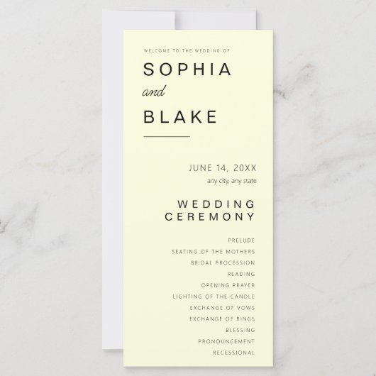 Einfaches Minimalistisch-hellgelbes Hochzeitsprogr (Vorderseite)