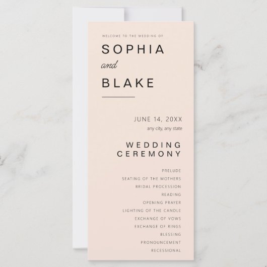Einfaches Minimalistisch-Pink-Creme-Hochzeitsprogr (Vorderseite)