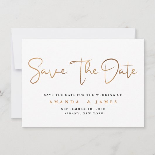 Einfaches Minimalistisches Cooper-Gold-Script Save The Date (Vorderseite)