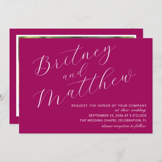 Einfaches Minimalistisches Foto Magenta Script Wed Einladung (Vorne/Hinten)