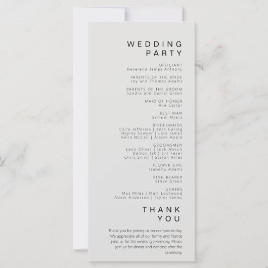 Einfaches Minimalistisches Hochzeitsprogramm (Rückseite)