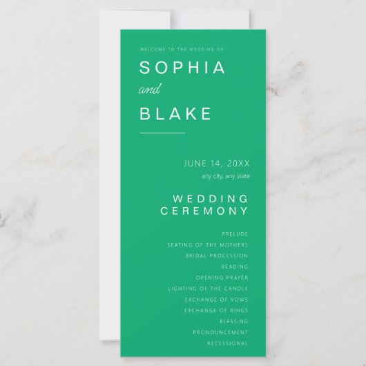 Einfaches Minimalistisches Jade Green Wedding Prog (Vorderseite)
