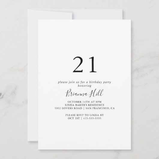Einfaches Minimalistisches Party zum 21. Geburtsta Einladung (Vorderseite)