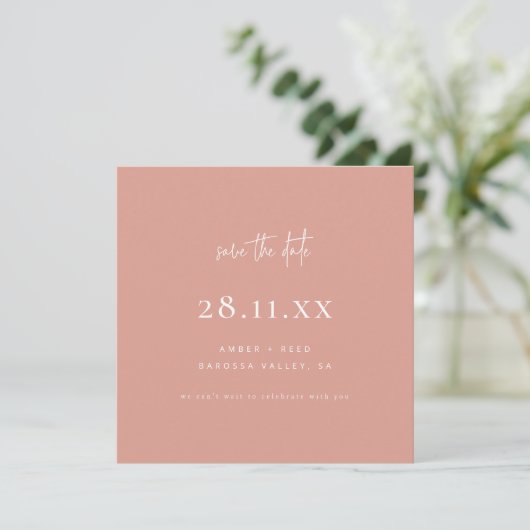 Einfaches Minimalistisches Quadrat Rosa Save The Date (Stehend Vorderseite)