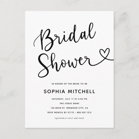 Einfaches Minimalistisches Script-Herz-Brautparty Postkarte (Vorderseite)
