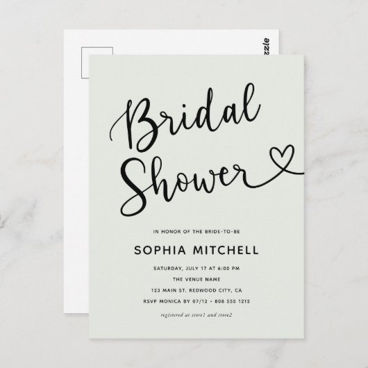 Einfaches Minimalistisches Script-Herz-Brautparty Postkarte (Vorne/Hinten)