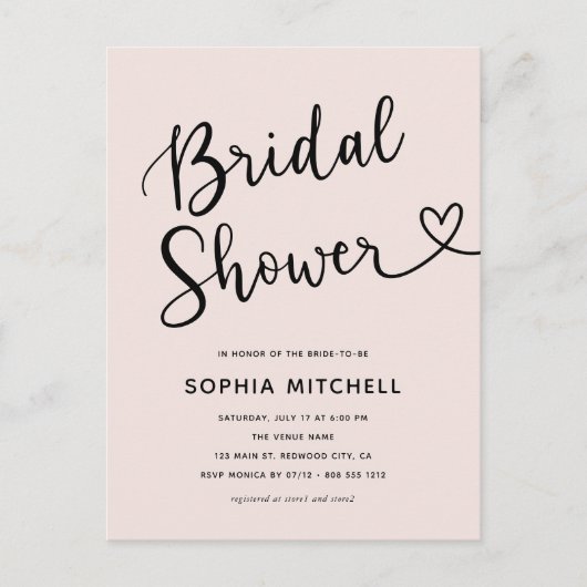 Einfaches Minimalistisches Script-Herz-Brautparty Postkarte (Vorderseite)