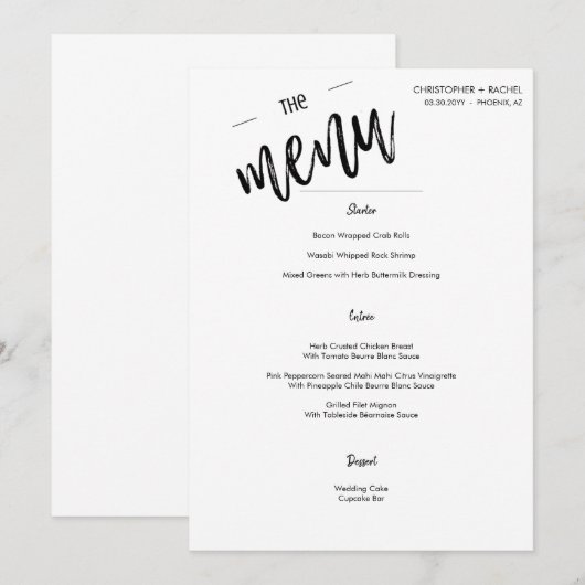 Einfaches Minimalistisches Script-Hochzeitsfest Menükarte (Vorne/Hinten)