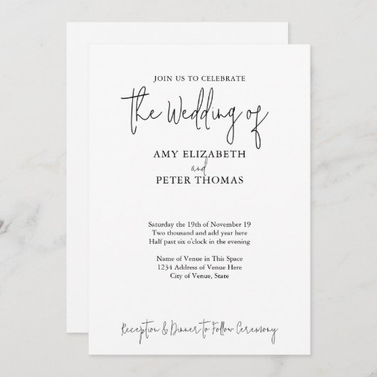 Einfaches, Minimalistisches Script - QR Code - BW  Einladung (Vorne/Hinten)