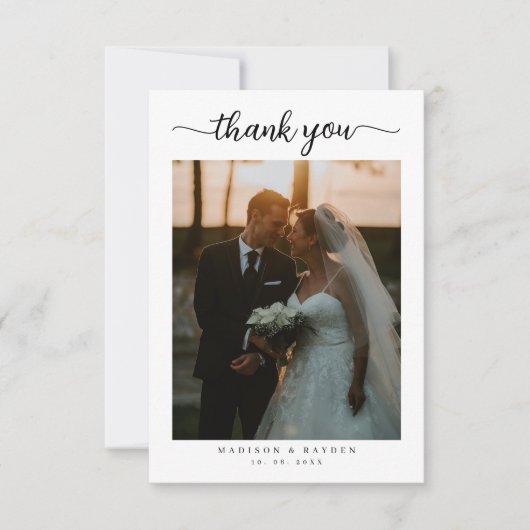 Einfaches Minimalistisches Skript mit Foto Wedding Dankeskarte (Vorderseite)