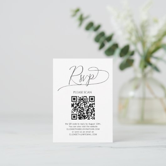 Einfaches Minimum an Skript QR Code Hochzeit RSVP Begleitkarte (Stehend Vorderseite)