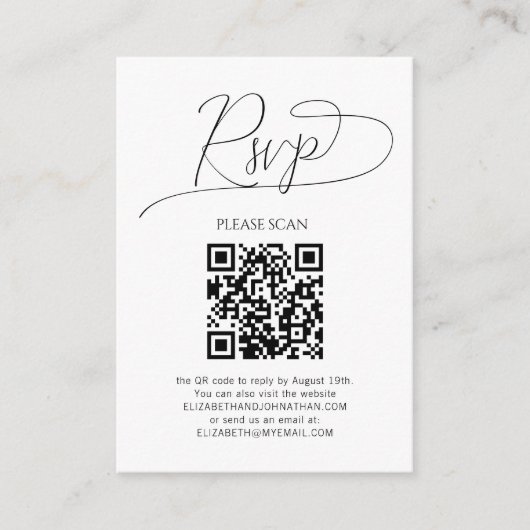 Einfaches Minimum an Skript QR Code Hochzeit RSVP Begleitkarte (Vorderseite)