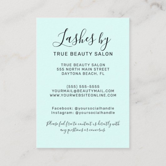 Einfaches Mint Green Lash Extensions Aftercare Sym Visitenkarte (Rückseite)