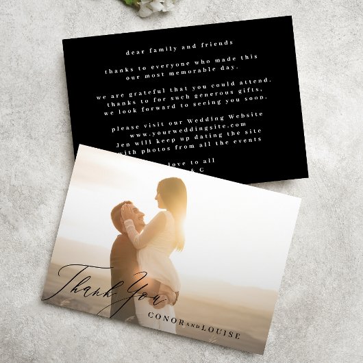 Einfaches modernes Black Calligraphy Wedding Foto Dankeskarte