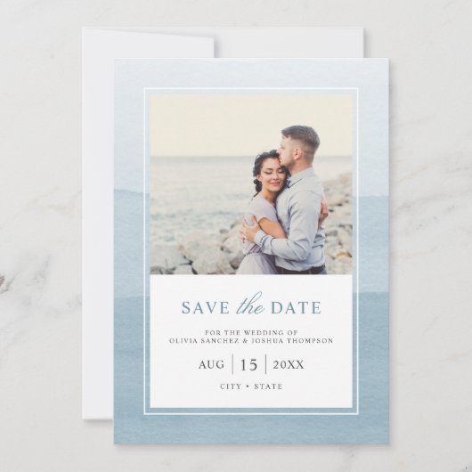 Einfaches, modernes, blaues Foto Rette Save The Date (Vorderseite)