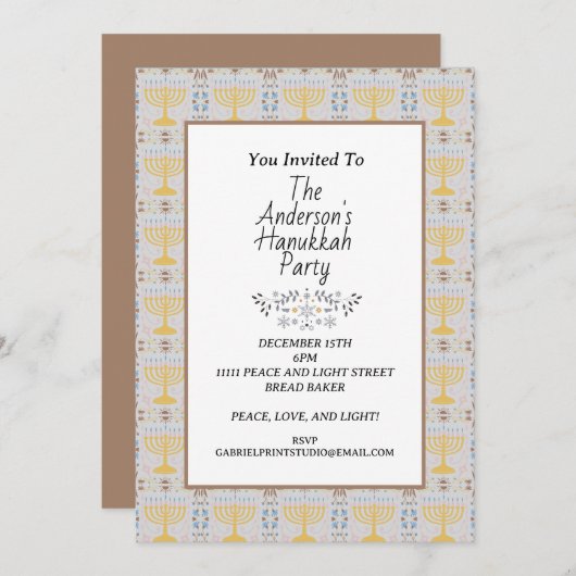 Einfaches, modernes, blaugelbes Menorah Hanukkah-P Einladung (Vorne/Hinten)