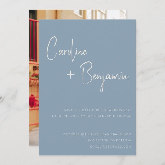 Einfaches, modernes Blue Script Foto Hochzeit Save The Date (Vorne/Hinten)