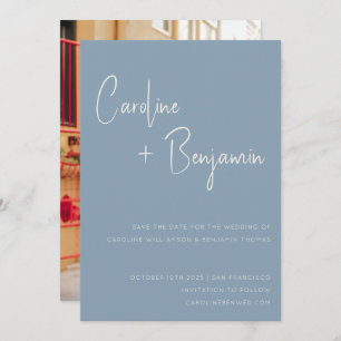 Einfaches, modernes Blue Script Foto Hochzeit Save The Date