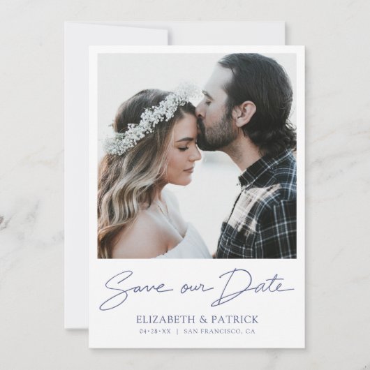 Einfaches, modernes Blue Script-Foto Save the Date (Vorderseite)