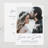 Einfaches, modernes Blue Script-Foto Save the Date (Vorne/Hinten)