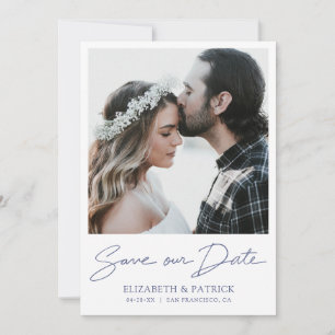 Einfaches, modernes Blue Script-Foto Save the Date