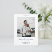 Einfaches, modernes Blue Script-Foto Save the Date Ankündigungspostkarte (Stehend Vorderseite)