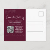 Einfaches modernes Burgund Save the Date QR Code F Postkarte (Rückseite)