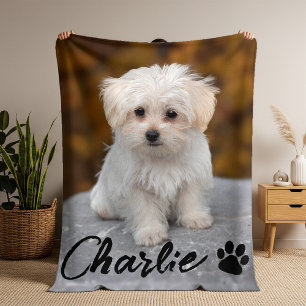 Einfaches modernes chic Pet-Foto Name Pfote elegan Fleecedecke