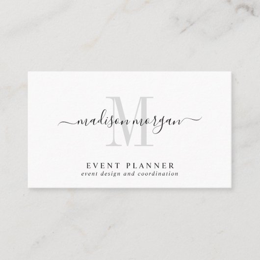 Einfaches modernes Eventplaner-Script-Monogramm Visitenkarte (Vorderseite)