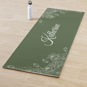 Einfaches modernes florales Skript Name Olivgrün L Yogamatte