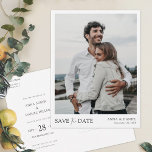 Einfaches, modernes Foto Save the Date Ankündigungspostkarte<br><div class="desc">Diese schlichte, moderne Hochzeit des Fotos speichern das Datum Postkartenvorlage zeigt Ihre Namen und das Datum unter Ihrem Foto zusammen mit einer "Save the Date" Nachricht vermittelt mit einer auffälligen Mischung von zwei verschiedenen Schriftart, mit "das" in einem leichten, fließenden Drehbuch zwischen der Erholung der Nachricht, die im oberen Fall...</div>