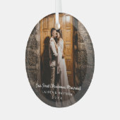 Einfaches modernes Foto Unsere ersten Weihnachten Ornament Aus Glas (Vorderseite links)