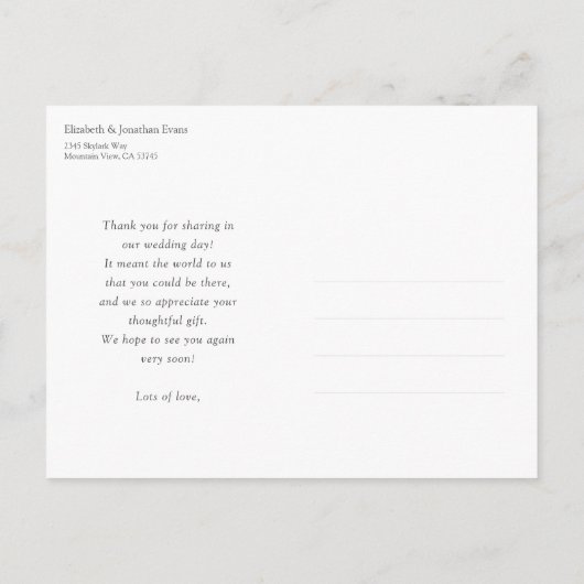 Einfaches modernes Foto Vielen Dank für Ihre Hochz Postkarte (Rückseite)