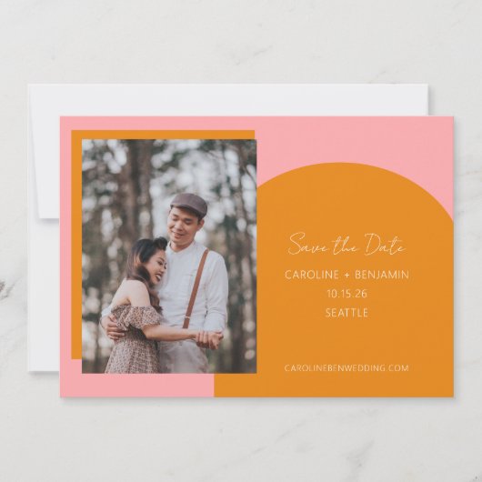 Einfaches, modernes geometrisches, rosafarbenes Fo Save The Date (Vorderseite)