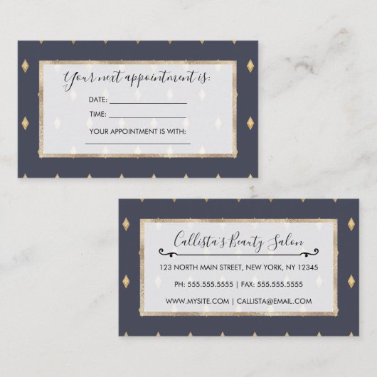 Einfaches, modernes Gold Diamond Navy Blue Muster Terminkarte (Vorne/Hinten)